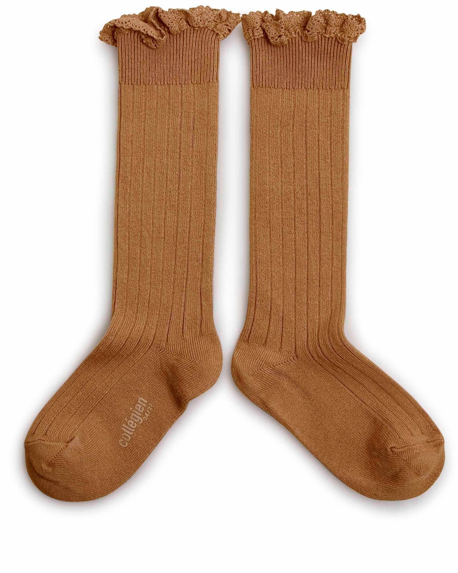 Little collegien accessories ruffle trim knee high socks in caramel au beurre salé