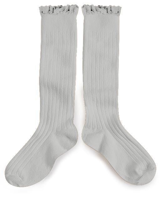 A pair of Collegien joséphine knee socks in jour de pluie with ribbed design and ruffle detail.