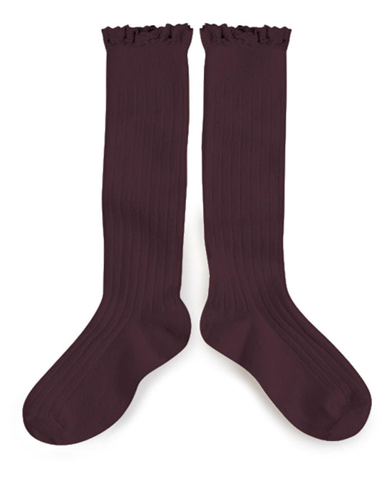 Little collegien accessories 18/20 ruffle trim knee socks in aubergine