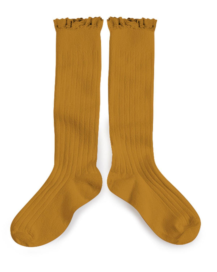 Little collegien accessories 18/20 ruffle trim knee socks in moutarde de dijon