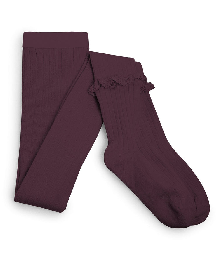 Little collegien accessories ruffle trim ribbed tights in aubergine
