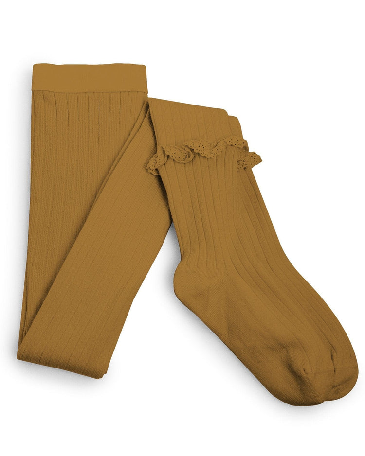 Little collegien accessories ruffle trim ribbed tights in moutarde de dijon