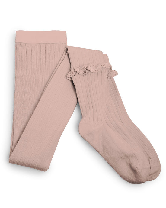 Little collegien accessories ruffle trim ribbed tights in vieux rose