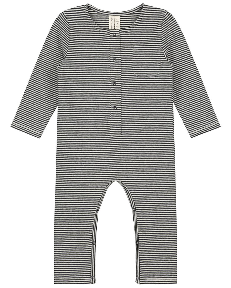 Little gray label baby boy baby long sleeve playsuit in nearly black + cream stripe