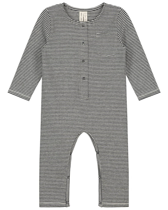 Little gray label baby boy baby long sleeve playsuit in nearly black + cream stripe