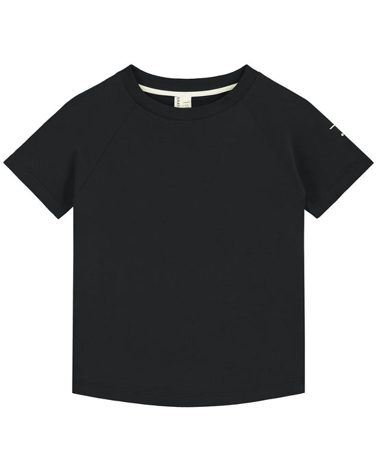 Gray Label plain black crewneck tee in nearly black on a white background, made from GOTS certified organic cotton jersey.