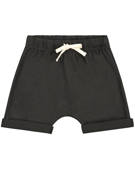 Nearly Black Gray Label athletic shorts with a white drawstring, made from organic cotton jersey.