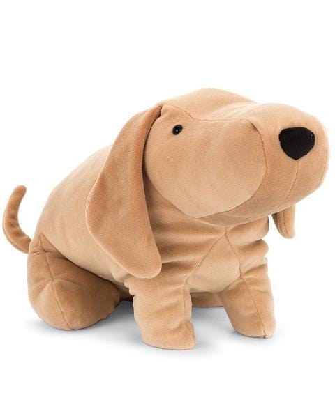 A jellycat large mellow mallow dog with floppy ears sitting on a white background.