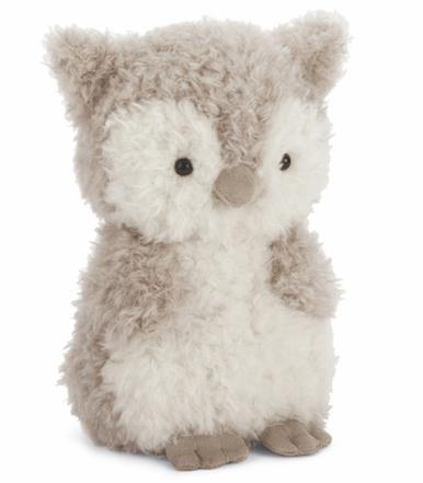 A little owl stuffed toy from Jellycat sitting on a white background.