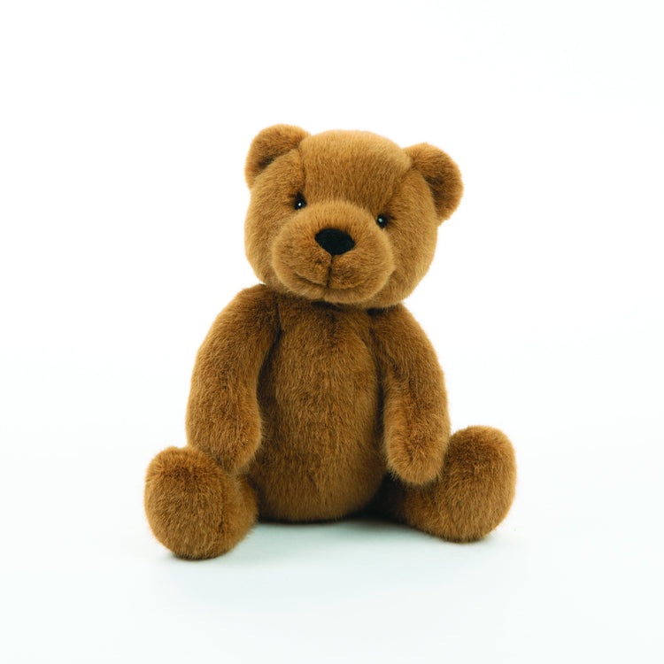A brown vintage charm Jellycat Maple Bear stuffed animal sitting on a white background.