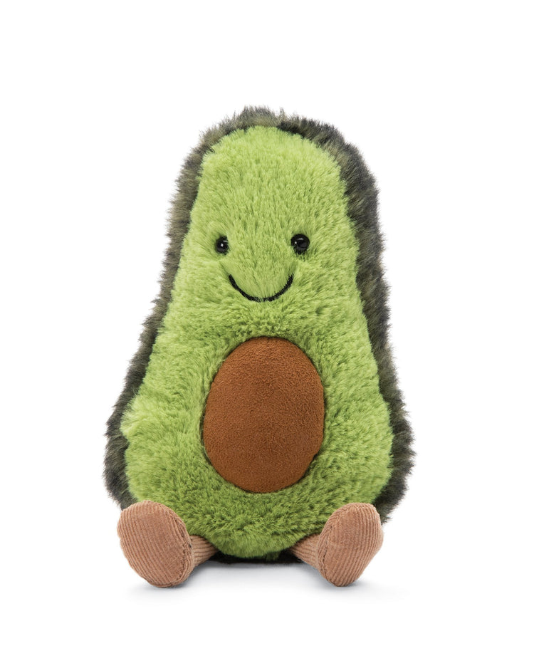 A green stuffed animal medium amuseables avocado by jellycat sitting on a white background.