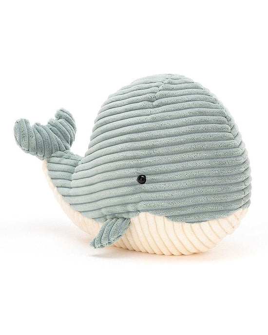 A sea-blue and white Jellycat Cordy Roy Whale stuffed animal on a white background.