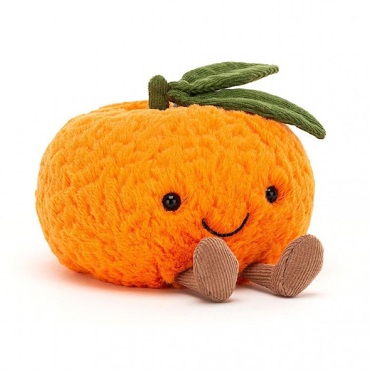 A small Jellycat Amuseable Clementine stuffed animal, resembling a citrus, sitting on a white background.