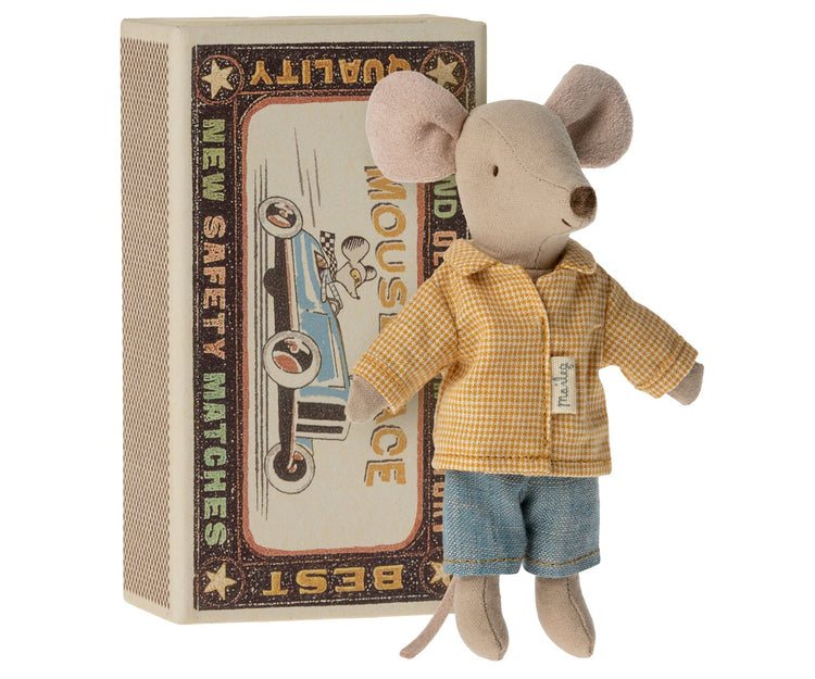 Little maileg play big brother mouse in matchbox yellow shirt