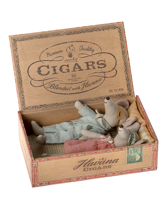 Little maileg play mum and dad mice in cigarbox