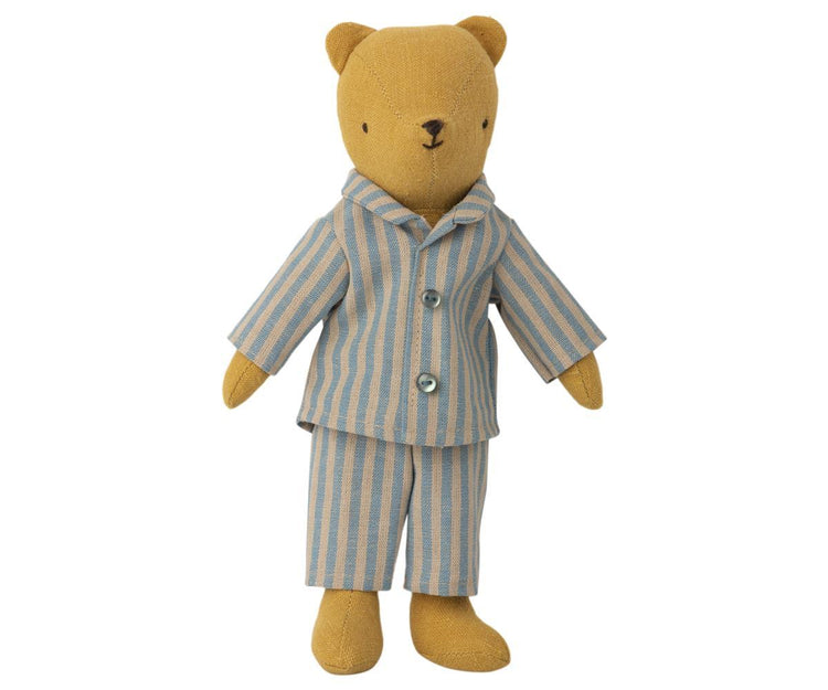 A Maileg teddy bear in blue and white striped pyjamas for teddy junior.