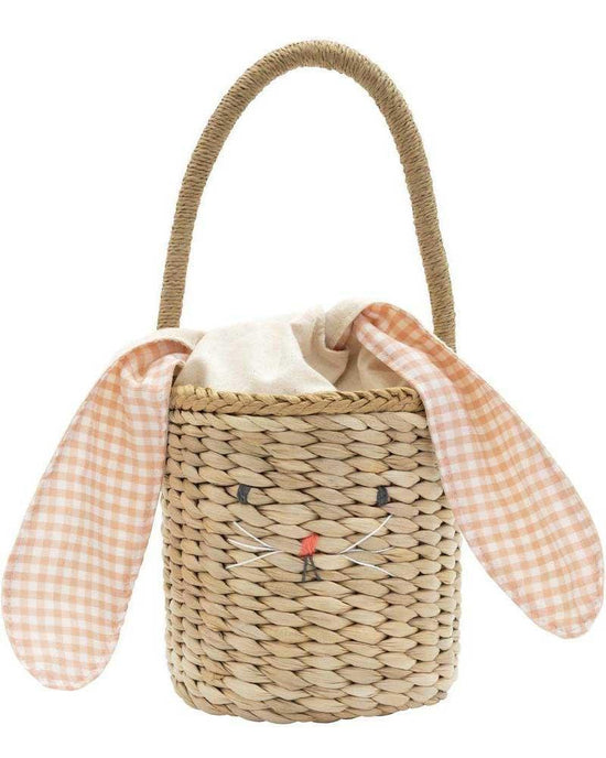 Meri Meri bunny woven straw bag with rabbit face design and checkered fabric ears.