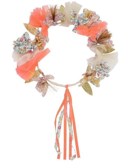 Meri Meri Floral Halo Crown and tulle fabric headband with bow and gold leaf accents.