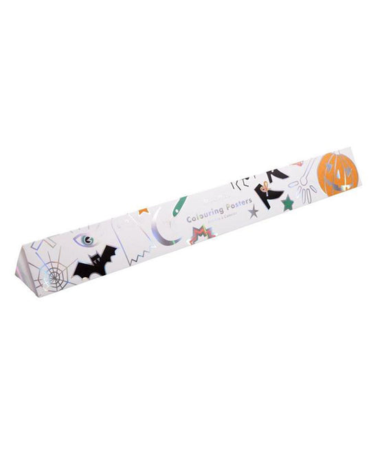 A tube of Meri Meri Halloween coloring posters with eco-friendly paper and Halloween-themed illustrations.