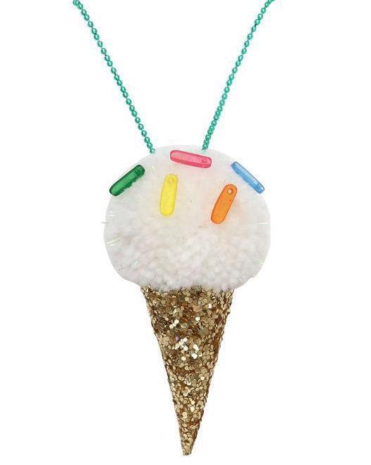 Statement ice cream pompom necklace pendant decorated to resemble an ice cream cone with sprinkles by meri meri.