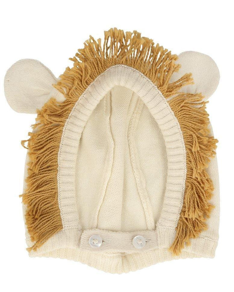 Meri Meri children's lion baby bonnet with buttoned ear flaps and a faux fur mane.