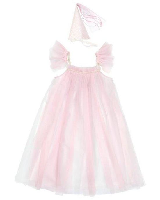 Child's magical princess dress up with tulle ruffles and a glitter princess hat, displayed on a white background by Meri Meri.