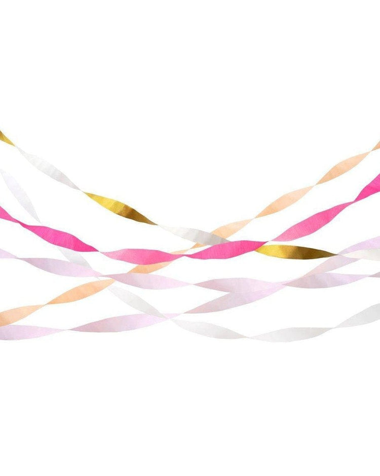 Abstract wave pattern with pink crepe party streamers, gold, and white colors on a white background, ideal for a Meri Meri baby shower.