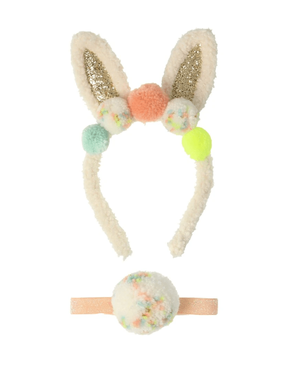 Meri Meri's Pompom Bunny Ear Dress Up Set with pastel-colored pom-poms and a matching hair tie, perfect for an Easter dress-up kit.