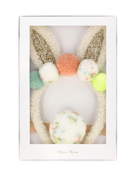 An Easter Meri Meri pompom bunny ear dress up set with glitter accents and colorful pom-poms displayed against a white background.