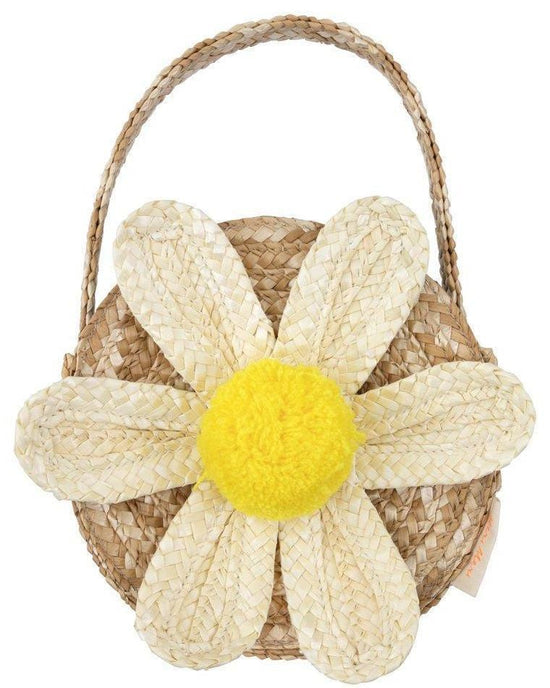A woven straw bag with a white daisy on it.

Product Name: meri meri white daisy straw bag