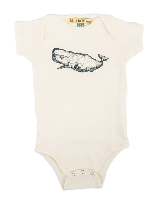 Little milo in maine baby boy whale onesie in natural + navy