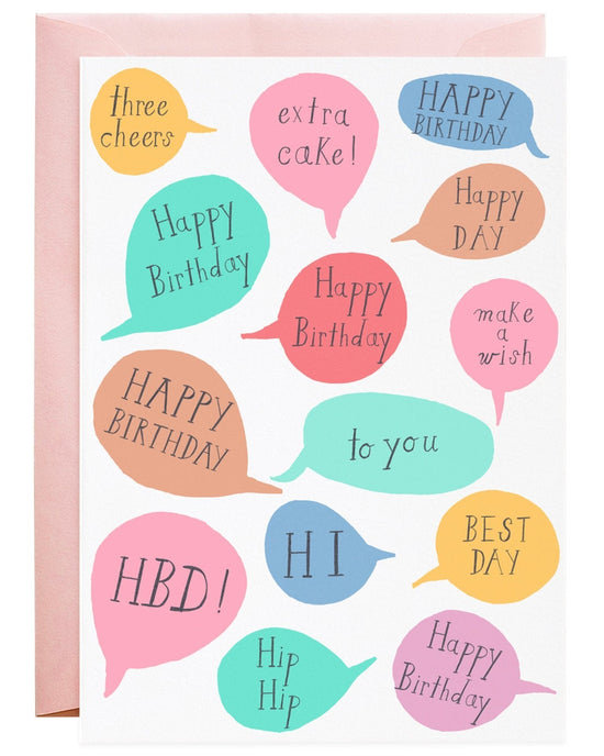 Colorful best day birthday card with Mr. Boddington's Studio assorted hand-drawn illustration speech bubbles.
