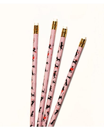 The cat club pencil set by Mr. Boddington's Studio includes four pink, patterned pencils adorned with black cat illustrations, finished with white erasers and golden ferrules. Perfect for pairing with colorful gift wraps or matching greeting cards to create a charming stationery set.