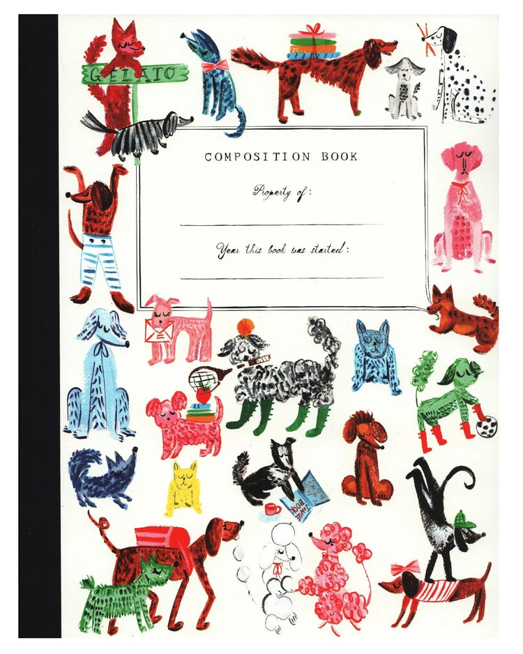 The doggies composition book by mr. boddington's studio features a cover adorned with vibrant and whimsical drawings of dogs, each sporting unique outfits and accessories, framing the label area at the center. This delightful design brings to mind the playful charm often seen in whimsical greeting cards.