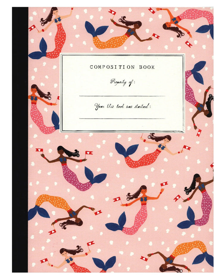 A mermaids on parade composition book from the New York-based brand, Mr. Boddington's Studio, features a cover adorned with illustrations of mermaids holding flags. The front label reads "Property of: _____. You are the best sea student!" This whimsical item makes an especially delightful gift when paired with their quirky greeting cards or gift wraps.