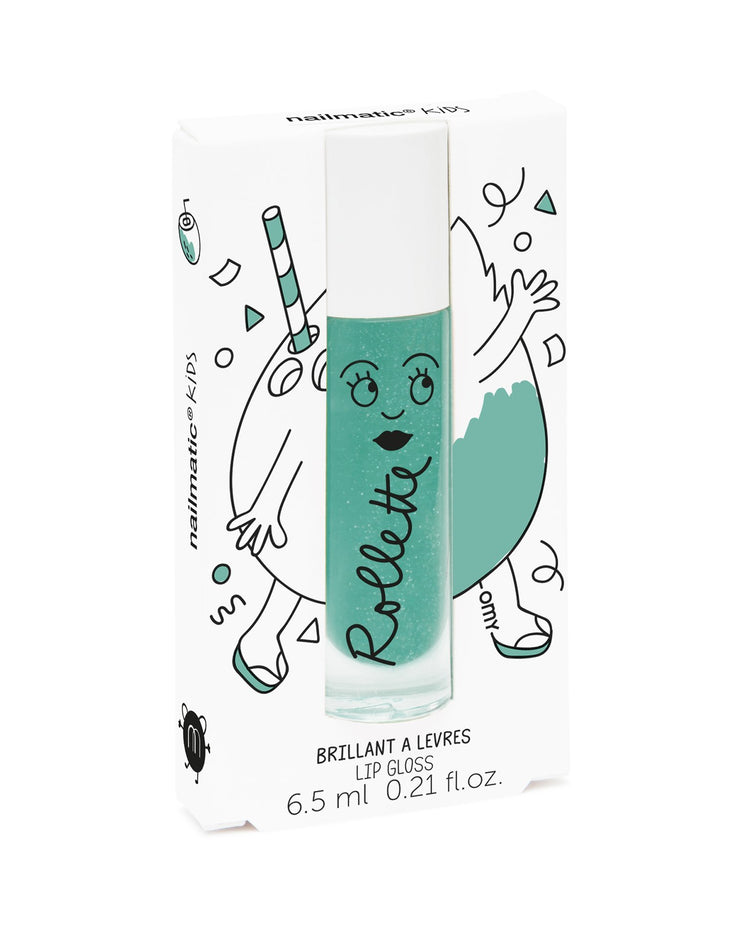 A tube of coconut-flavored lip gloss with playful character illustrations on its packaging from nailmatic.