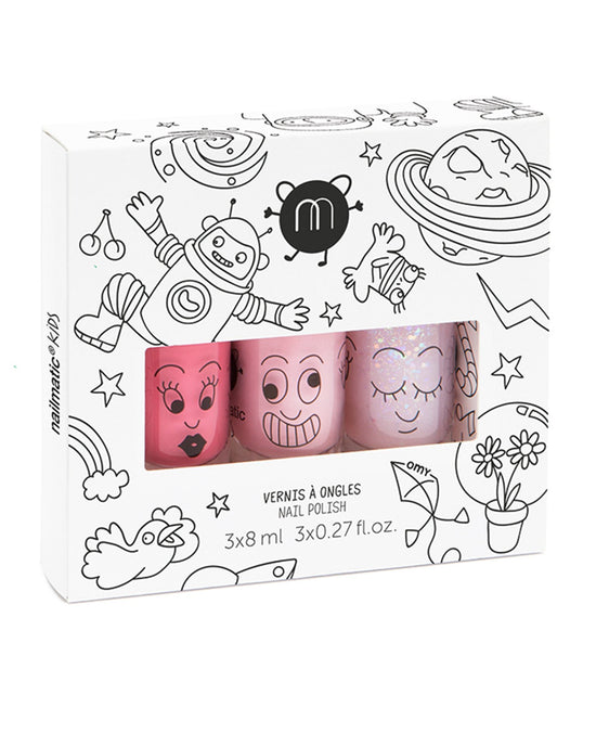 A box of kids' manicure set with space-themed illustrations and three bottles of nailmatic water-based nail polish in cosmos.