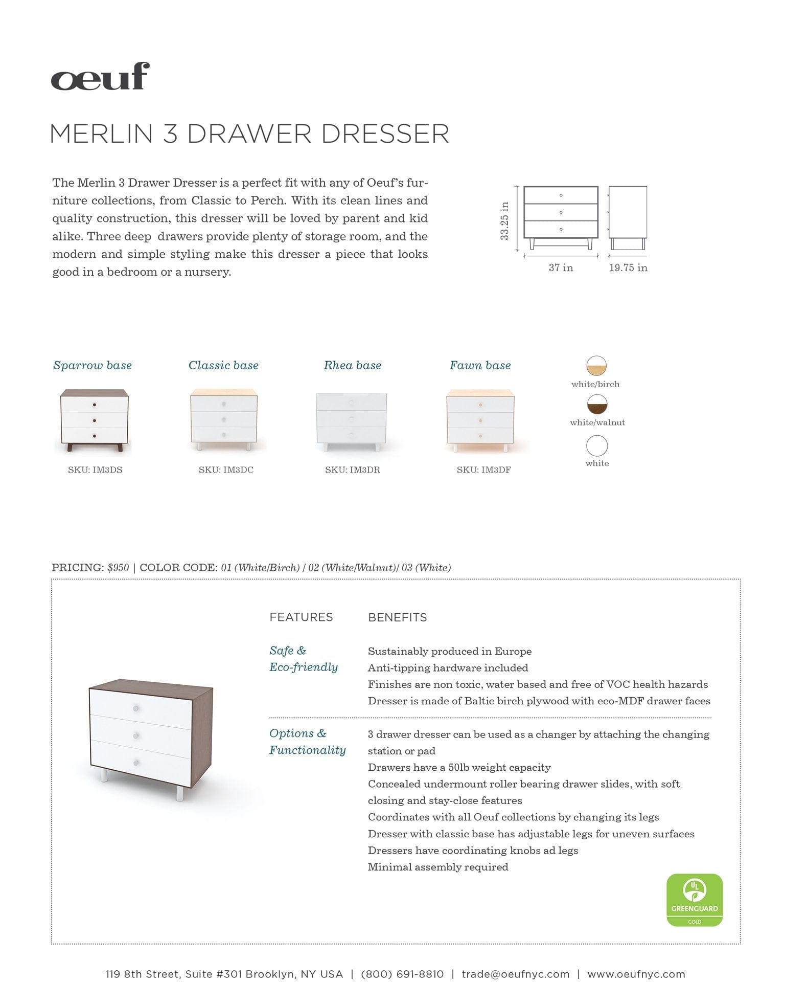 oeuf rhea 3 drawer dresser in white room at Little