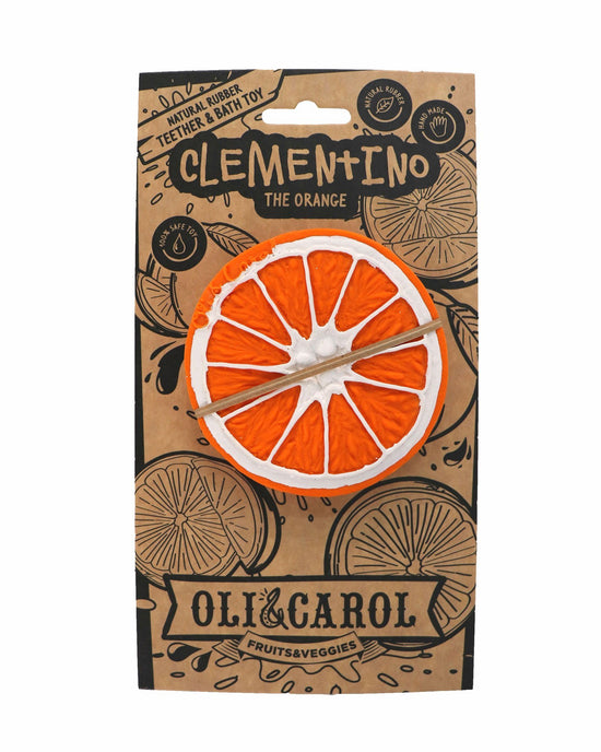 A clementino the orange teether toy packaging with an orange slice design, made from natural rubber by oli + carol.