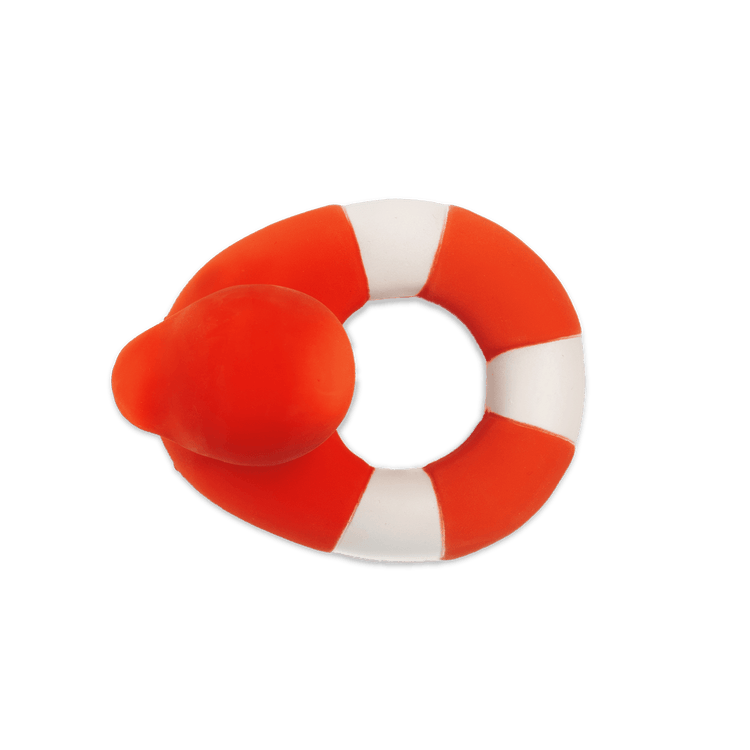 An orange and white flo the floatie in red with a matching hat on a black background, designed as an oli + carol natural rubber baby toy.