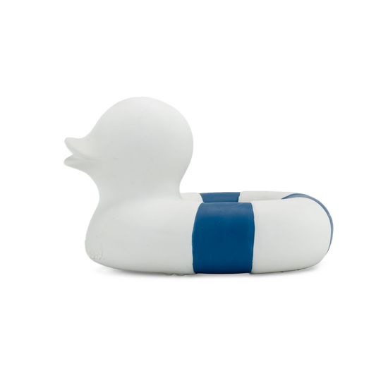 A flo the floatie in white natural rubber duck with a blue stripe on a white background, perfect for sensory play by oli + carol.