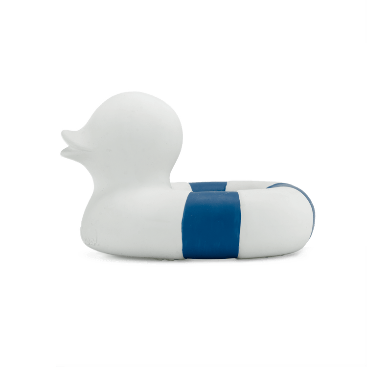 A flo the floatie in white natural rubber duck with a blue stripe on a white background, perfect for sensory play by oli + carol.