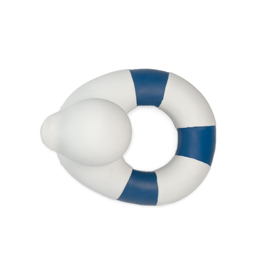 Inflatable life ring with sensory play features, blue and white stripes on a black background featuring flo the floatie in white by oli + carol.