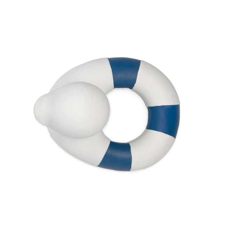 Inflatable life ring with sensory play features, blue and white stripes on a black background featuring flo the floatie in white by oli + carol.