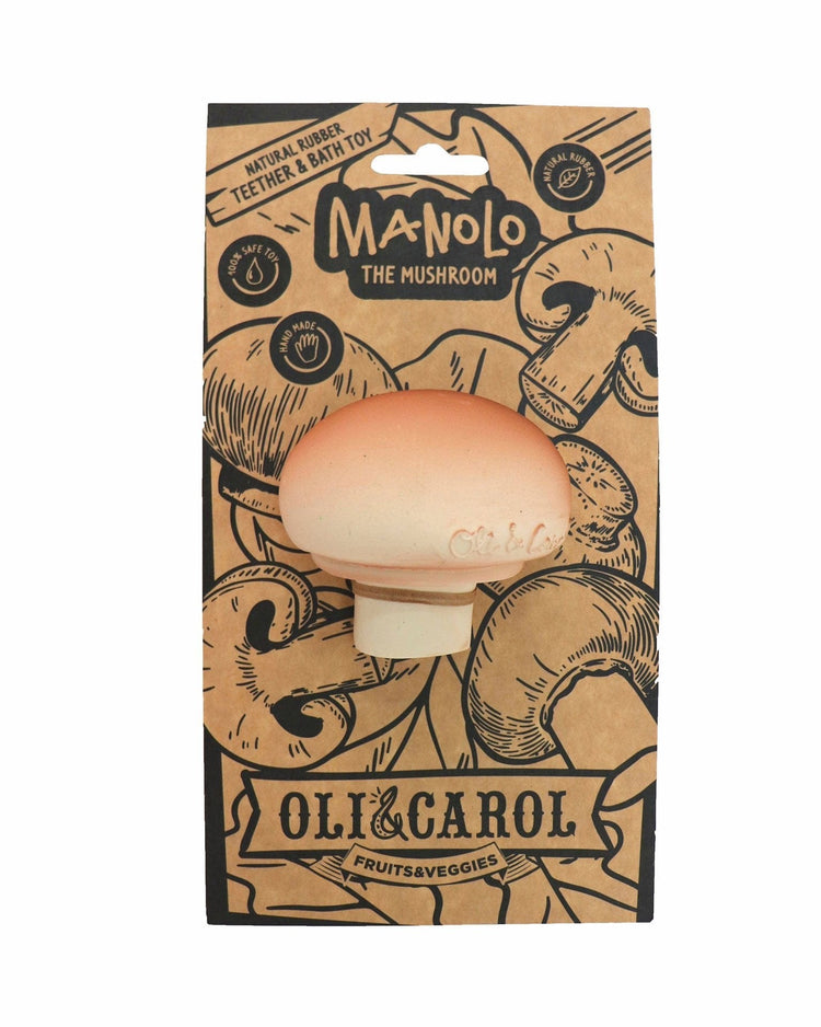 Manolo the Mushroom, a natural rubber teething toy from oli + carol, is shaped like a mushroom on packaging.