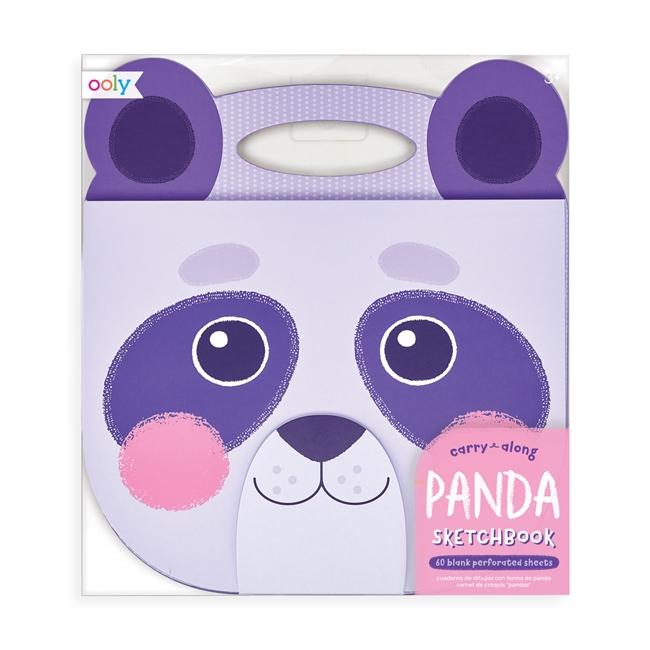 A ooly carry along sketchbook - panda with a purple and pink face.