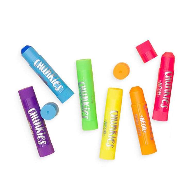 A group of colorful, quick-drying lip balm tubes on a white surface. 
Product name: Ooly Chunkies Paint Sticks Neon - Set of 6