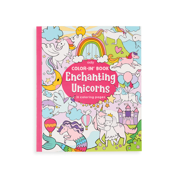 Color-in' Book: Enchanting Unicorns by ooly, with unique designs of line art illustrations of unicorns, a rainbow, and other magical elements on the cover.