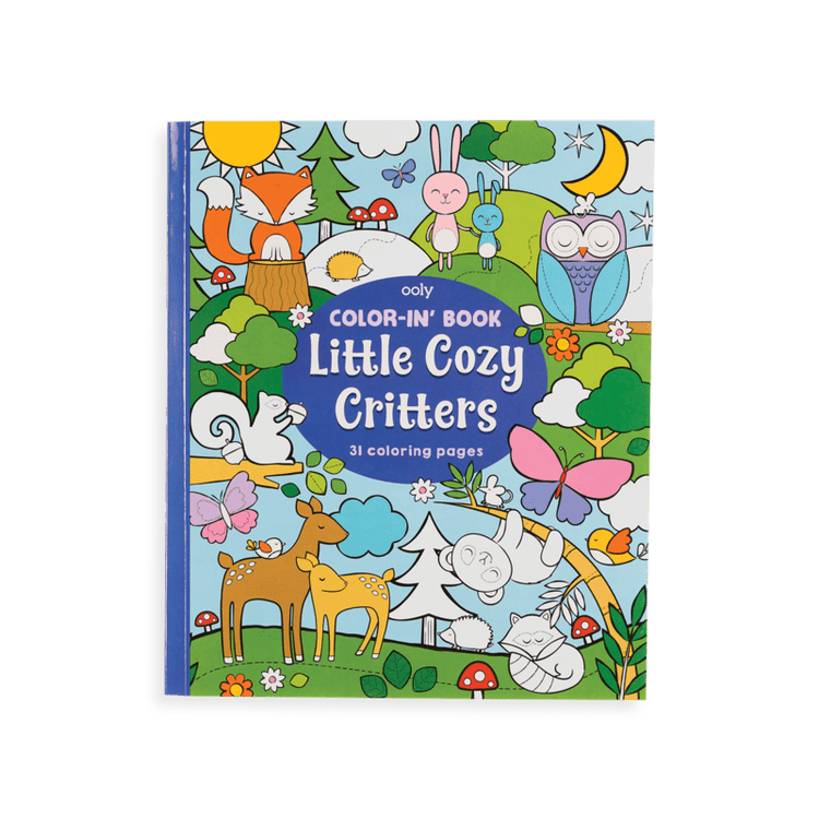 A coloring book titled "Color-in' Book: Little Cozy Critters" with illustrations of various cute animals on the cover.