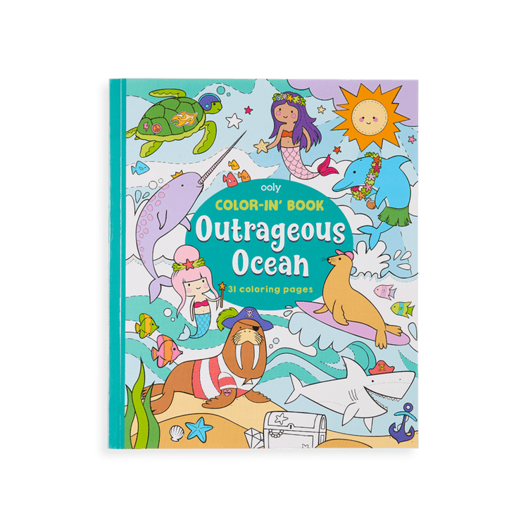 A Color-in' Book titled "Outrageous Ocean" by ooly featuring unique designs of marine life and a whimsical ocean theme.